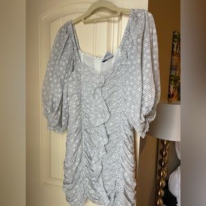 MinkPink white speckled rouched mini dress with white dots, size small